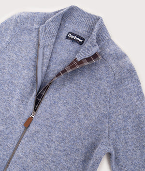 Talder Zip Through Jumper in Blue Stone | 100% Lambswool | Barbour Lifestyle | EQVVS | Open collar shot 
