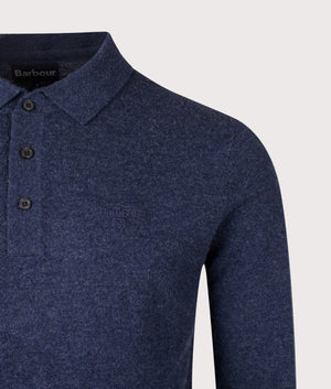 Hutherston Knitted Long Sleeve Polo Shirt in Navy Marl | 100% Wool| Barbour Lifestyle | EQVVS | Front detail shot 