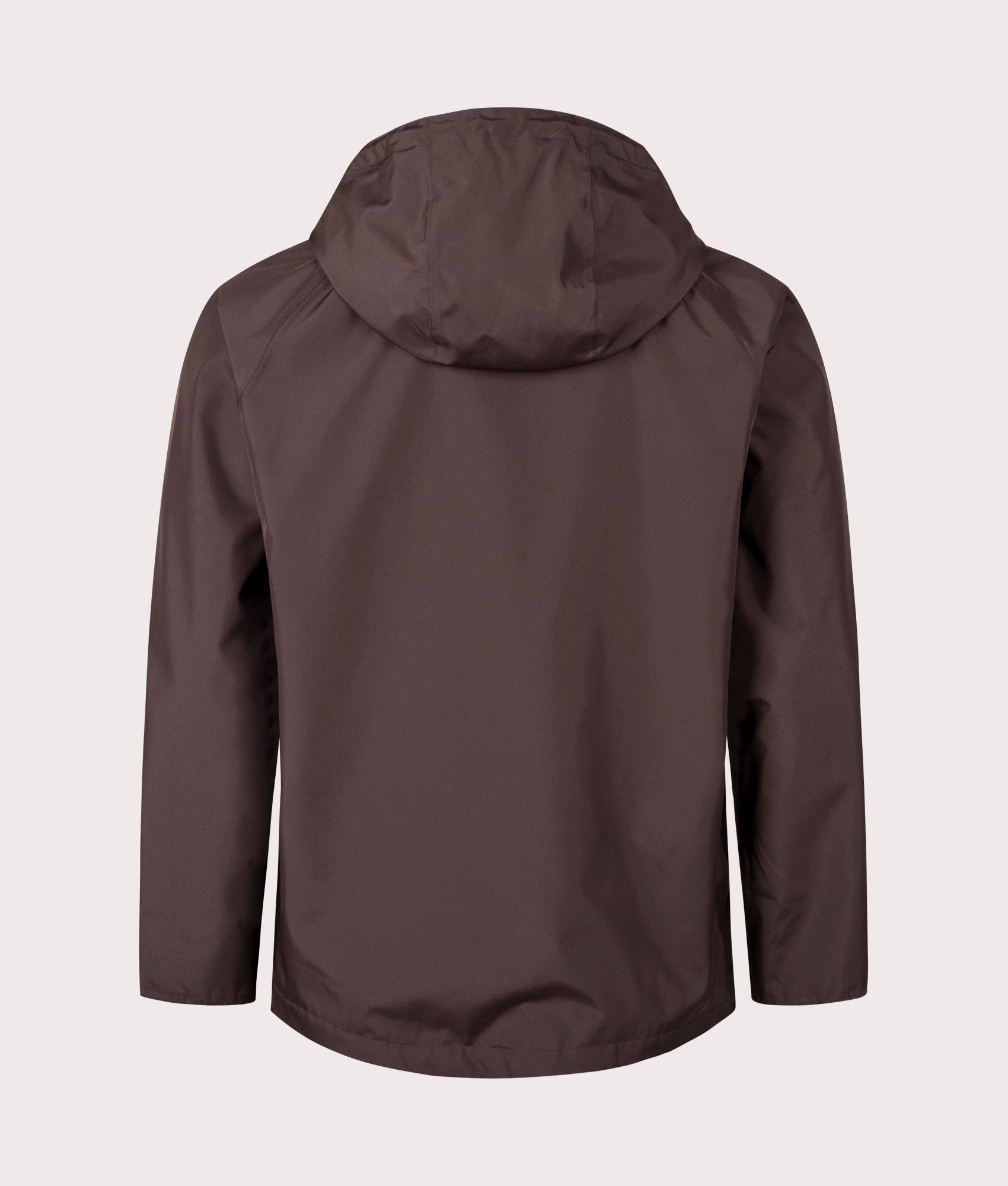 Hooded Domus Waterproof Jacket by Barbour in Dark Oak. Shot by EQVVS. Back shot.