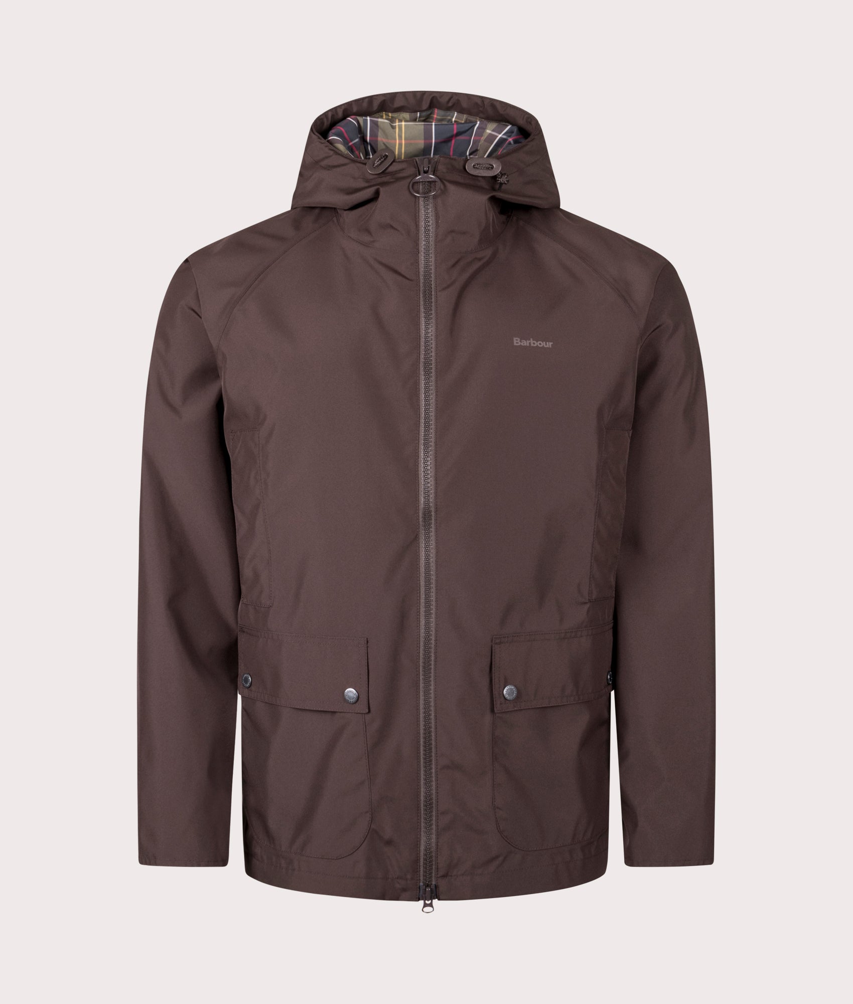 Hooded Domus Waterproof Jacket by Barbour in Dark Oak. Shot by EQVVS. Front shot.