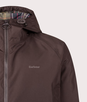 Hooded Domus Waterproof Jacket by Barbour in Dark Oak. Shot by EQVVS. Detail shot.