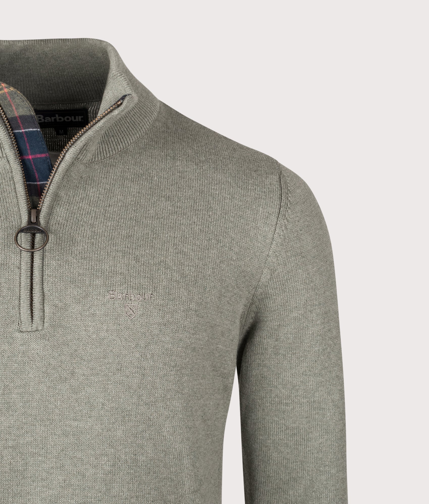 Quarter Zip Cotton Knit in Thyme | Barbour Lifestyle | EQVVS | Front detail shot 
