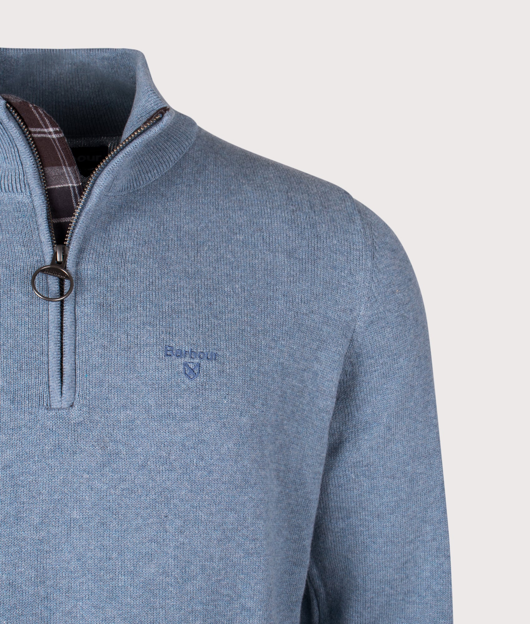 Quarter Zip Cotton Knit in Stone Blue | Barbour Lifestyle | EQVVS | Front detail shot 