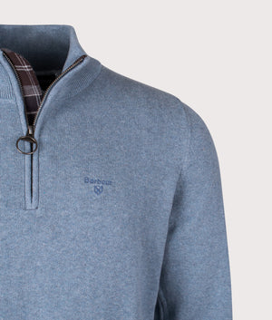 Quarter Zip Cotton Knit in Stone Blue | Barbour Lifestyle | EQVVS | Front detail shot 