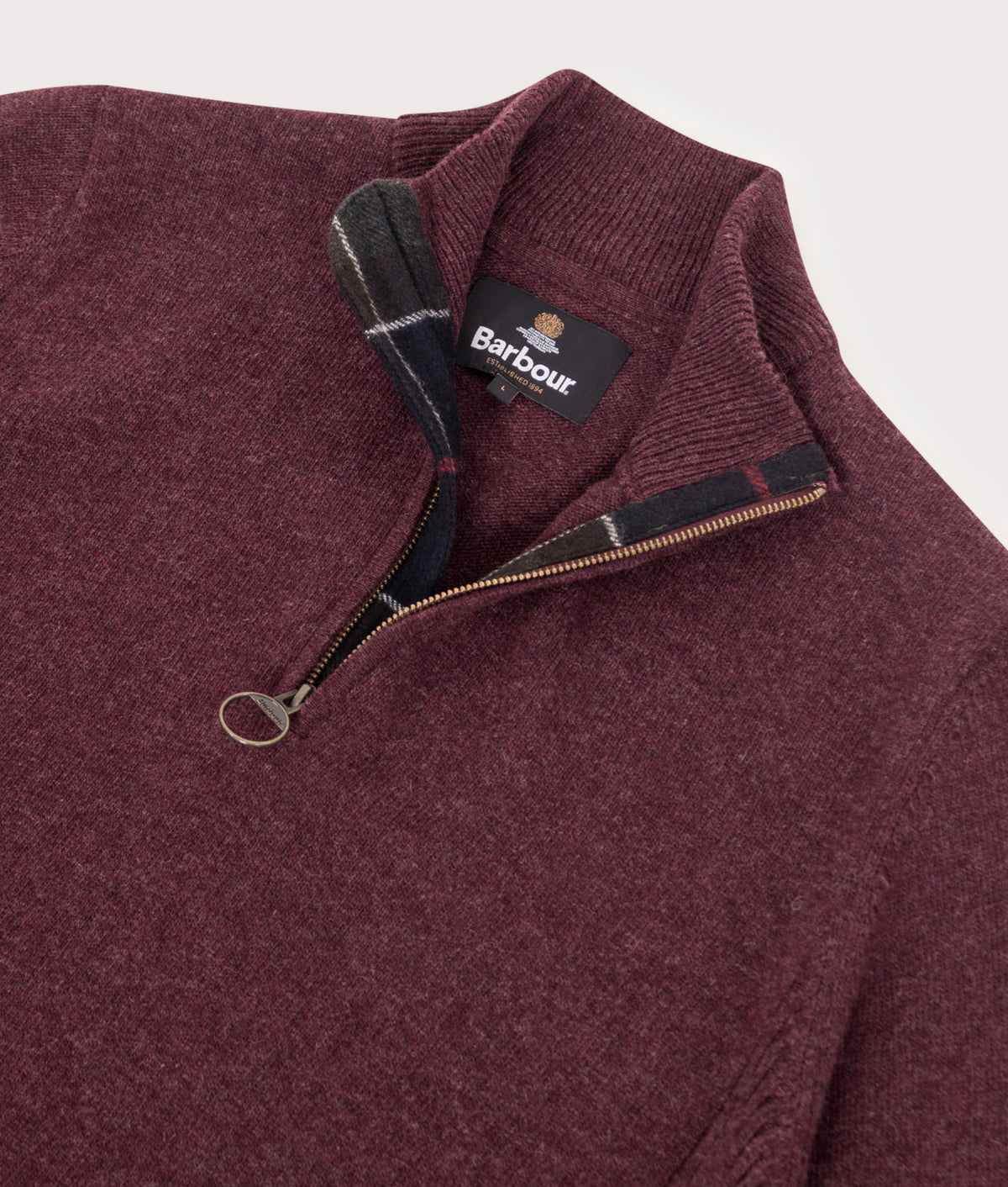 Barbour Lifestyle Regular Fit Holden Quarter Zip Jumper in Ruby Marl at EQVVS Menswear. Detail shot.