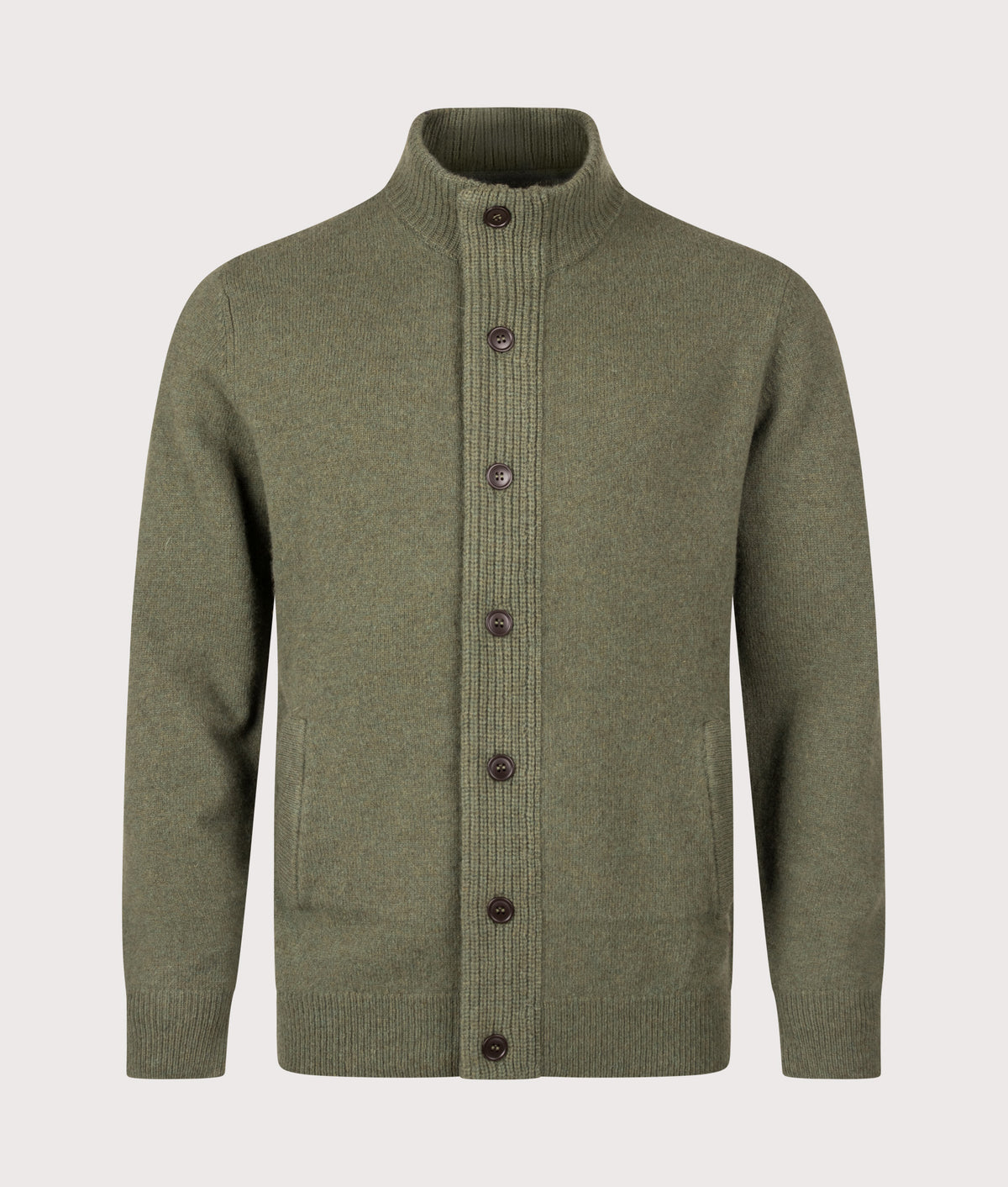 Barbour Lifestyle Essential Patch Zip Through Knitted Jumper in Olive at EQVVS Menswear. Front shot.