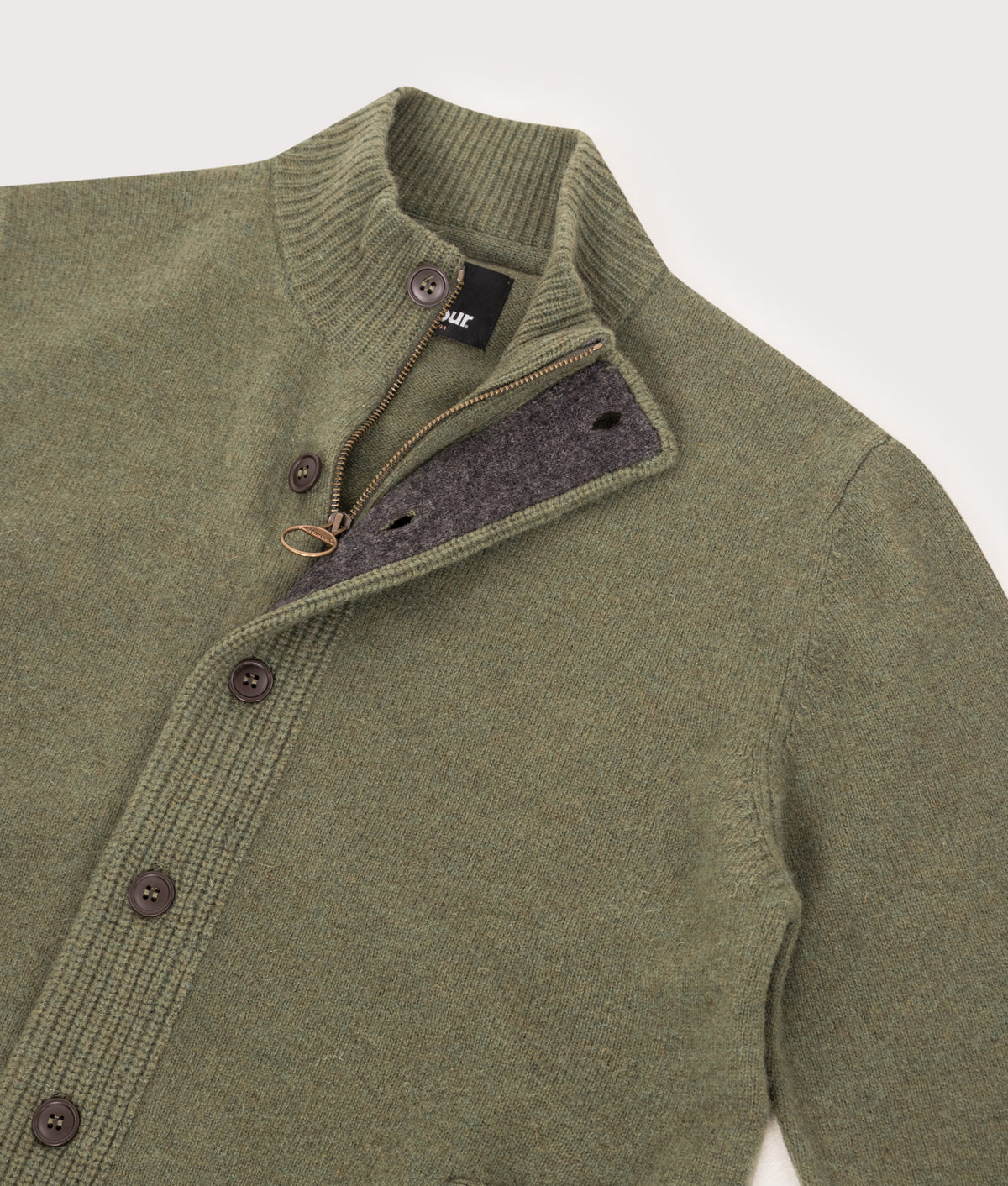 Barbour Lifestyle Essential Patch Zip Through Knitted Jumper in Olive at EQVVS Menswear. Zip detail shot.