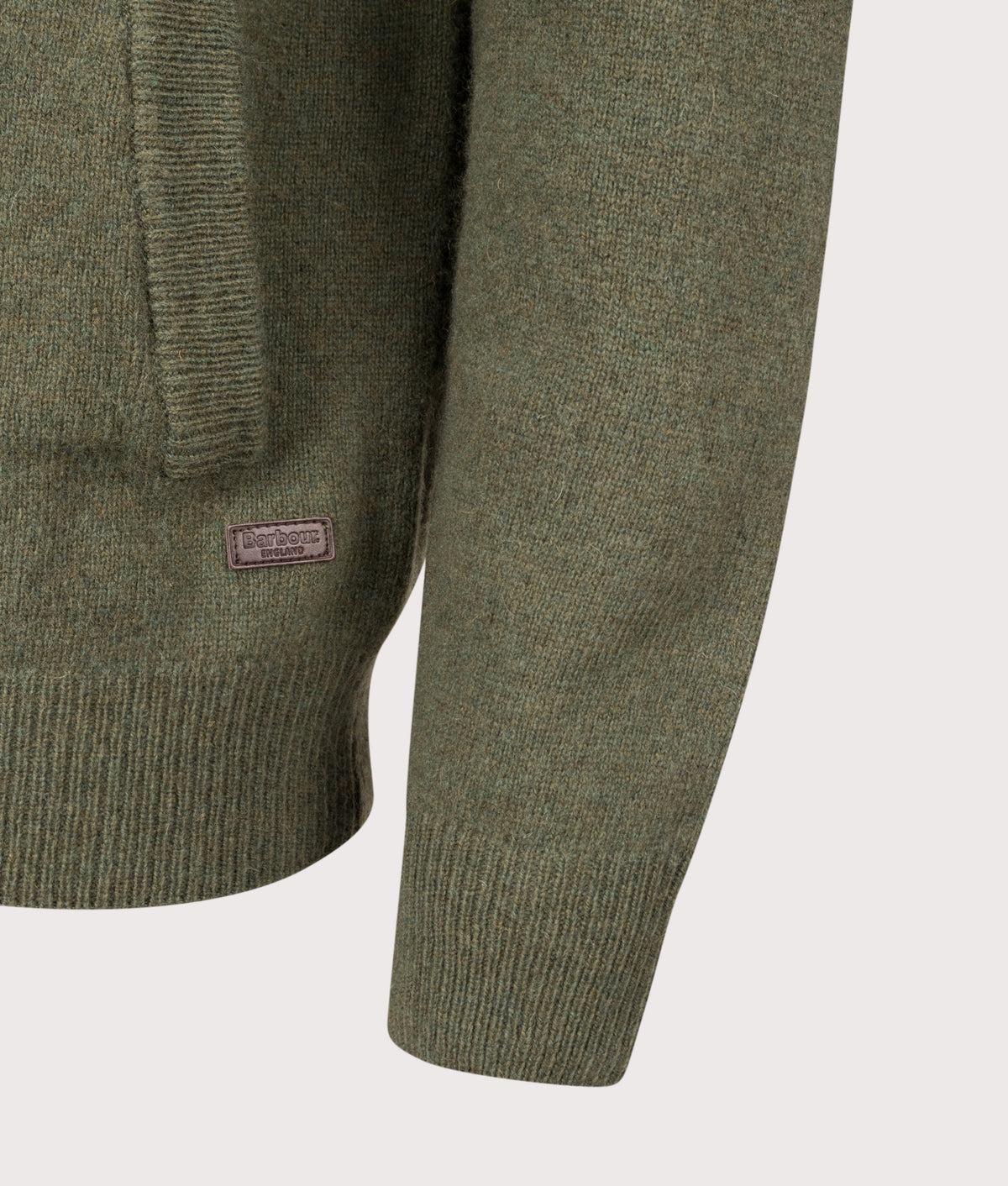 Barbour Lifestyle Essential Patch Zip Through Knitted Jumper in Olive at EQVVS Menswear. Detail shot.