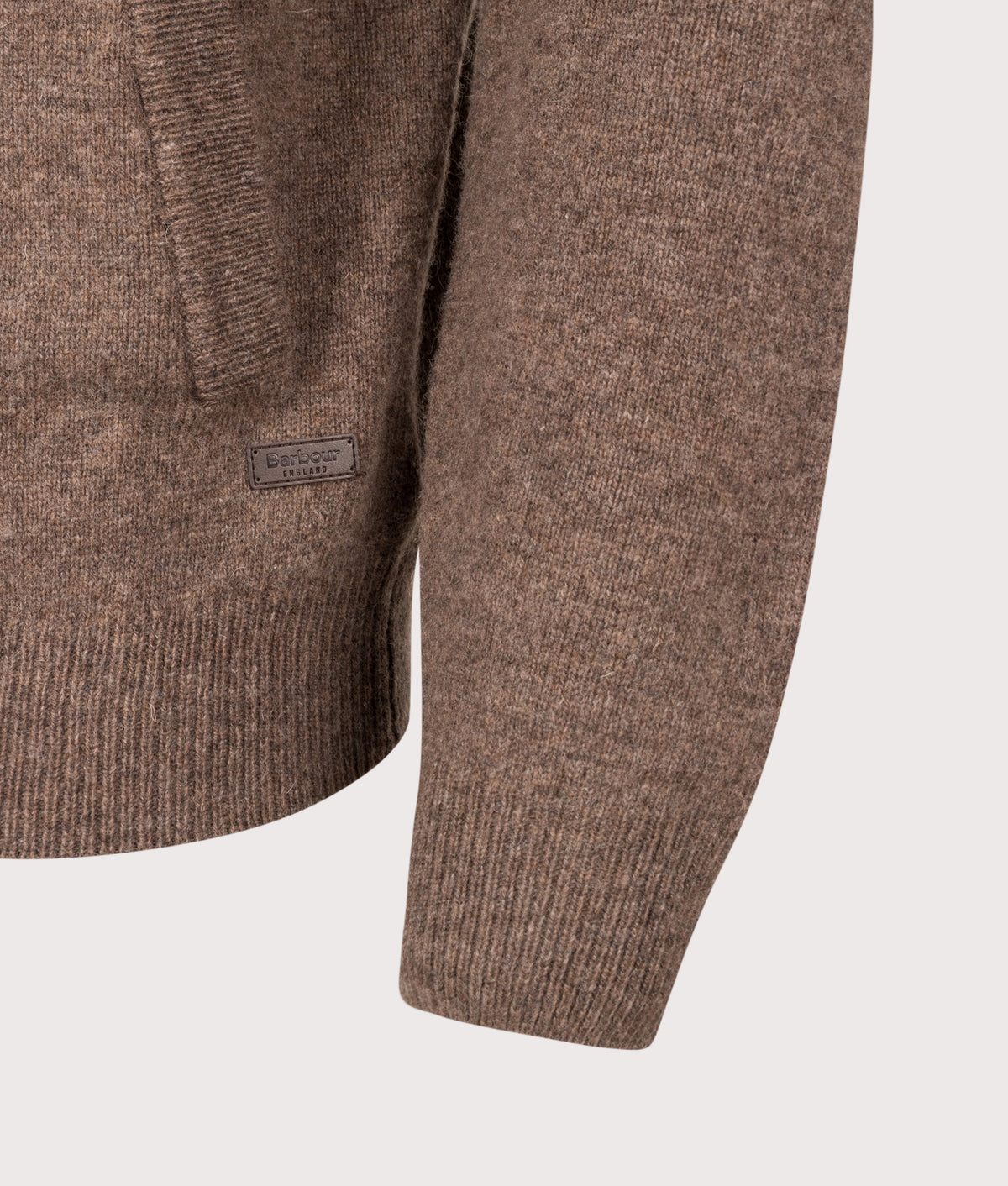 Barbour Lifestyle Essential Patch Zip Through Knitted Jumper in Dark Stone at EQVVS Menswear. Detail shot.