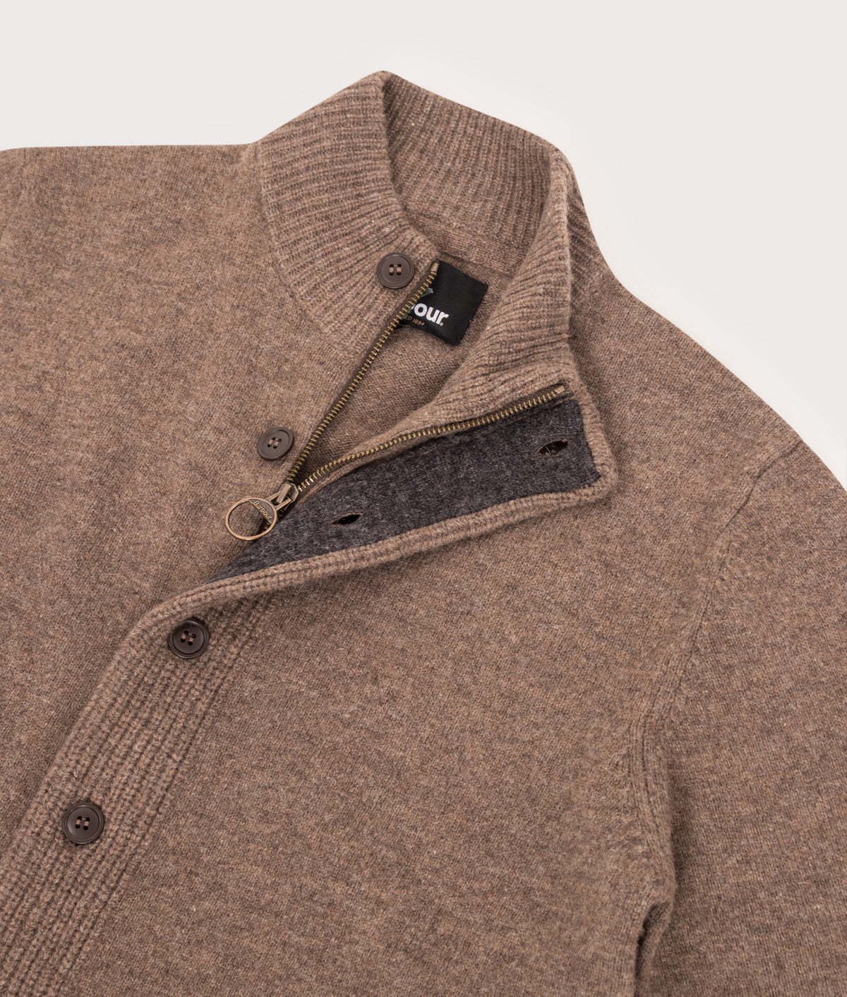 Barbour Lifestyle Essential Patch Zip Through Knitted Jumper in Dark Stone at EQVVS Menswear. Second detail shot.
