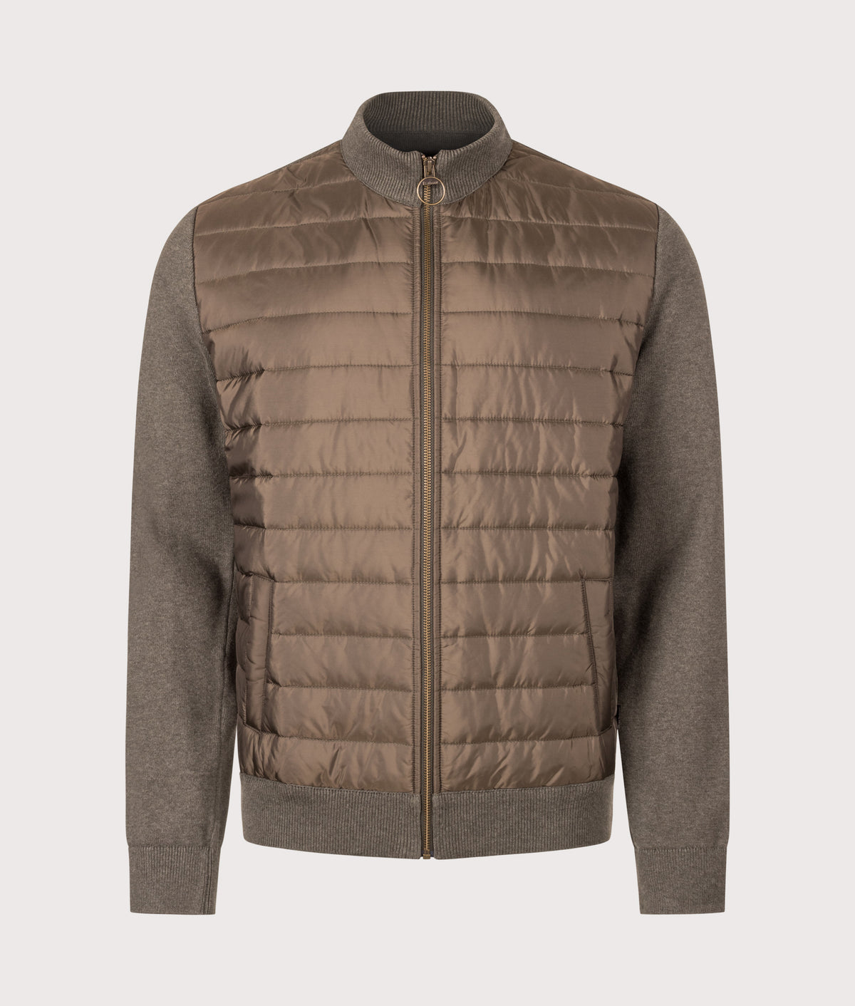 Barbour Lifestyle Tailored Fit Carn Baffle Zip Through Jumper in Olive at EQVVS Menswear. Front shot.