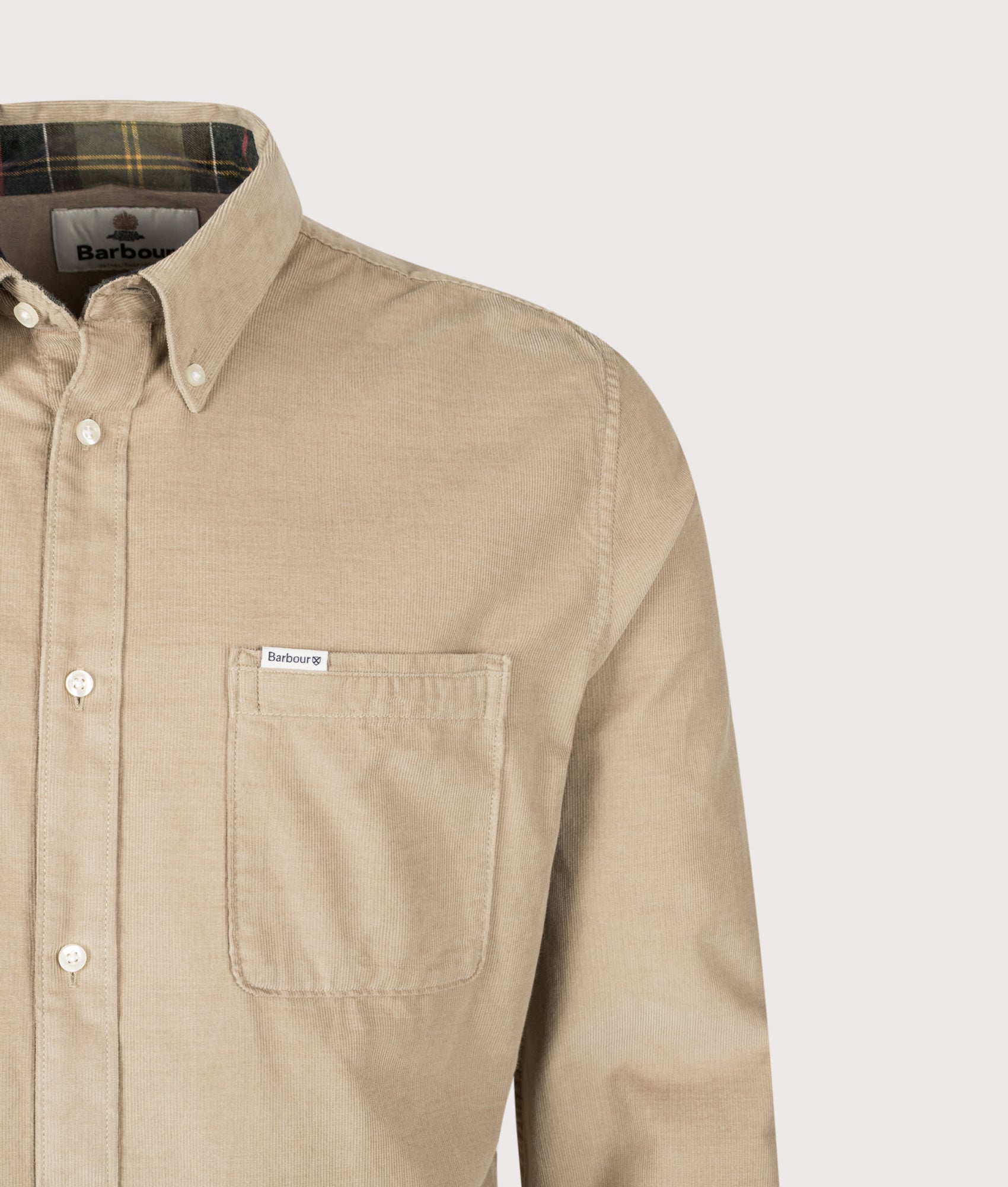 Barbour Lifestyle Ramsey Tailored Shirt in Washed Stone at EQVVS Menswear. Detail shot.