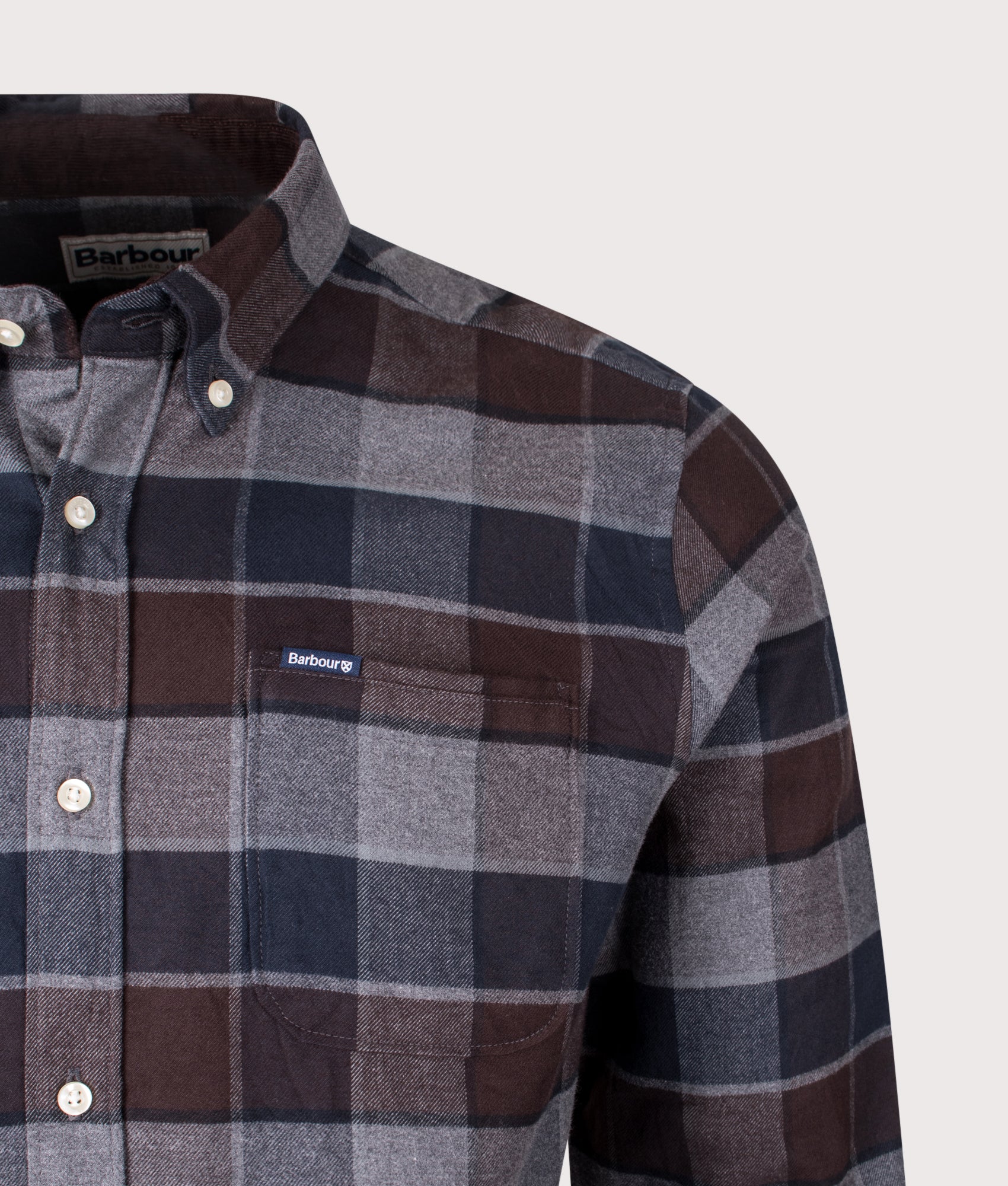 Valley Tailored Checked Shirt in Dark Oak | 100% Cotton | Barbour Lifestyle | EQVVS | Front detail shot 