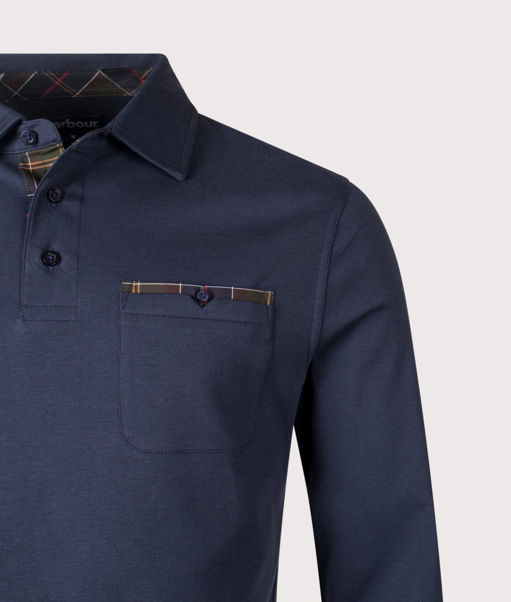 Corpatch Tailored Long Sleeve Polo Shirt in Navy | Barbour Lifestyle | Shot at EQVVS | Front detail shot 