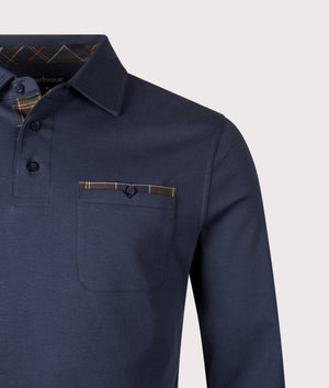 Corpatch Tailored Long Sleeve Polo Shirt in Navy | Barbour Lifestyle | Shot at EQVVS | Front detail shot 