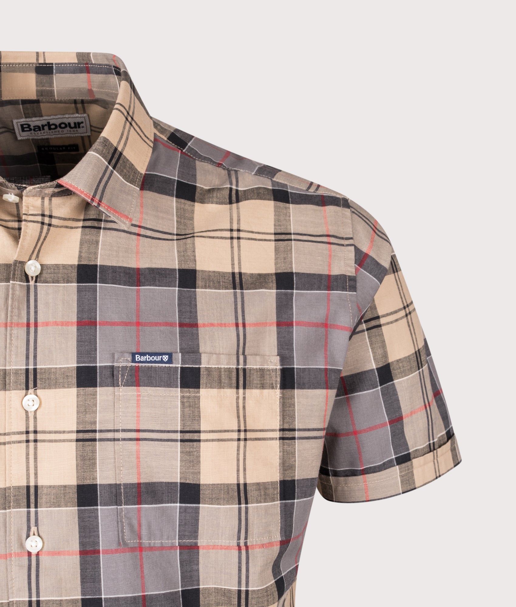 Barbour Gordon Short Sleeve Shirt in Dress Tartan at EQVVS Menswear. Detail shot.