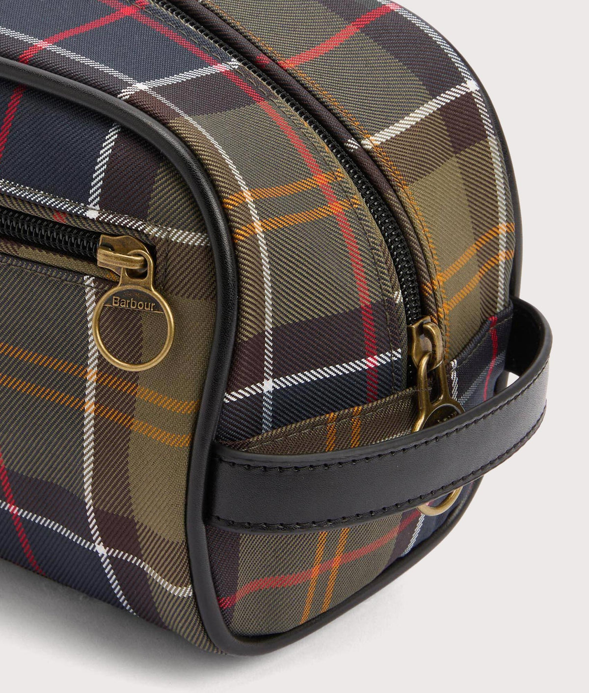 Barbour Lifestyle Tartan Washbag in Classic and Beacon at EQVVS Menswear. Detail shot.