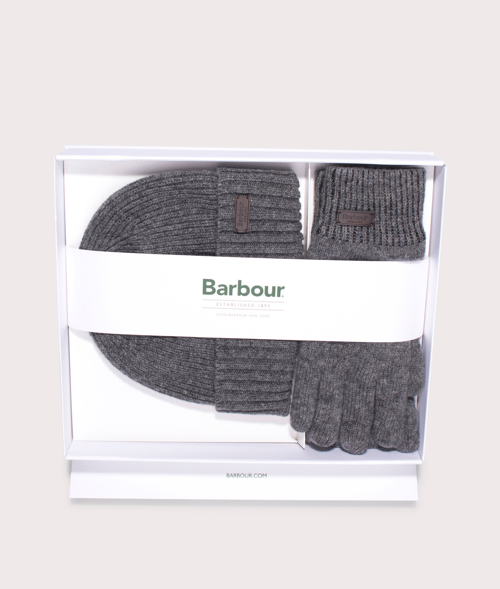 Carlton Beanie and Gloves Gift Set in Grey | Barbour Lifestyle | EQVVS |  Box shot 
