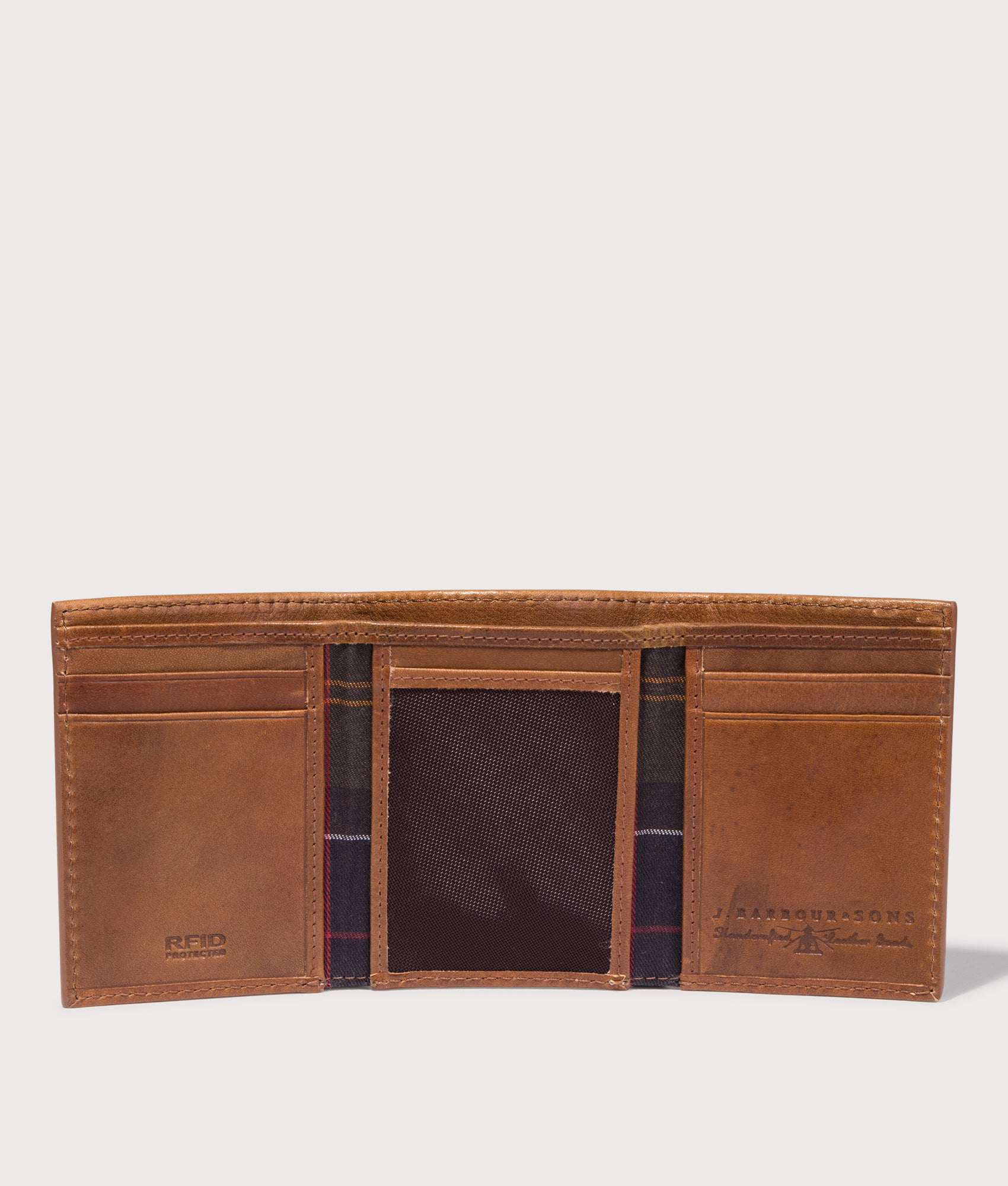 Bywell Leather Bi Fold Wallet by Barbour in Heritage Brown. Shot by EQVVS. Detail shot.