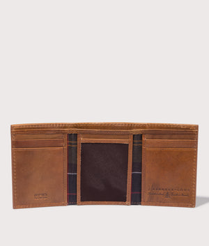 Bywell Leather Bi Fold Wallet by Barbour in Heritage Brown. Shot by EQVVS. Detail shot.
