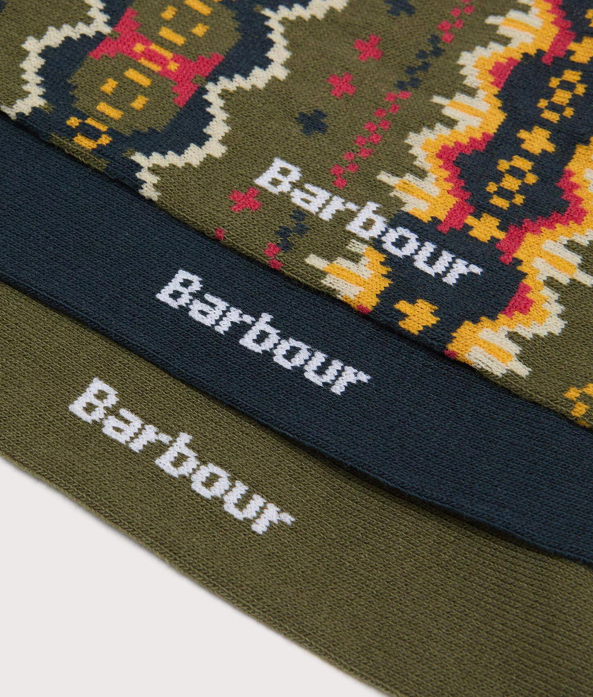 Barbour Lifestyle Case Fair Isle Socks Gift Box in Classic Tartan at EQVVS Menswear. Detail shot.