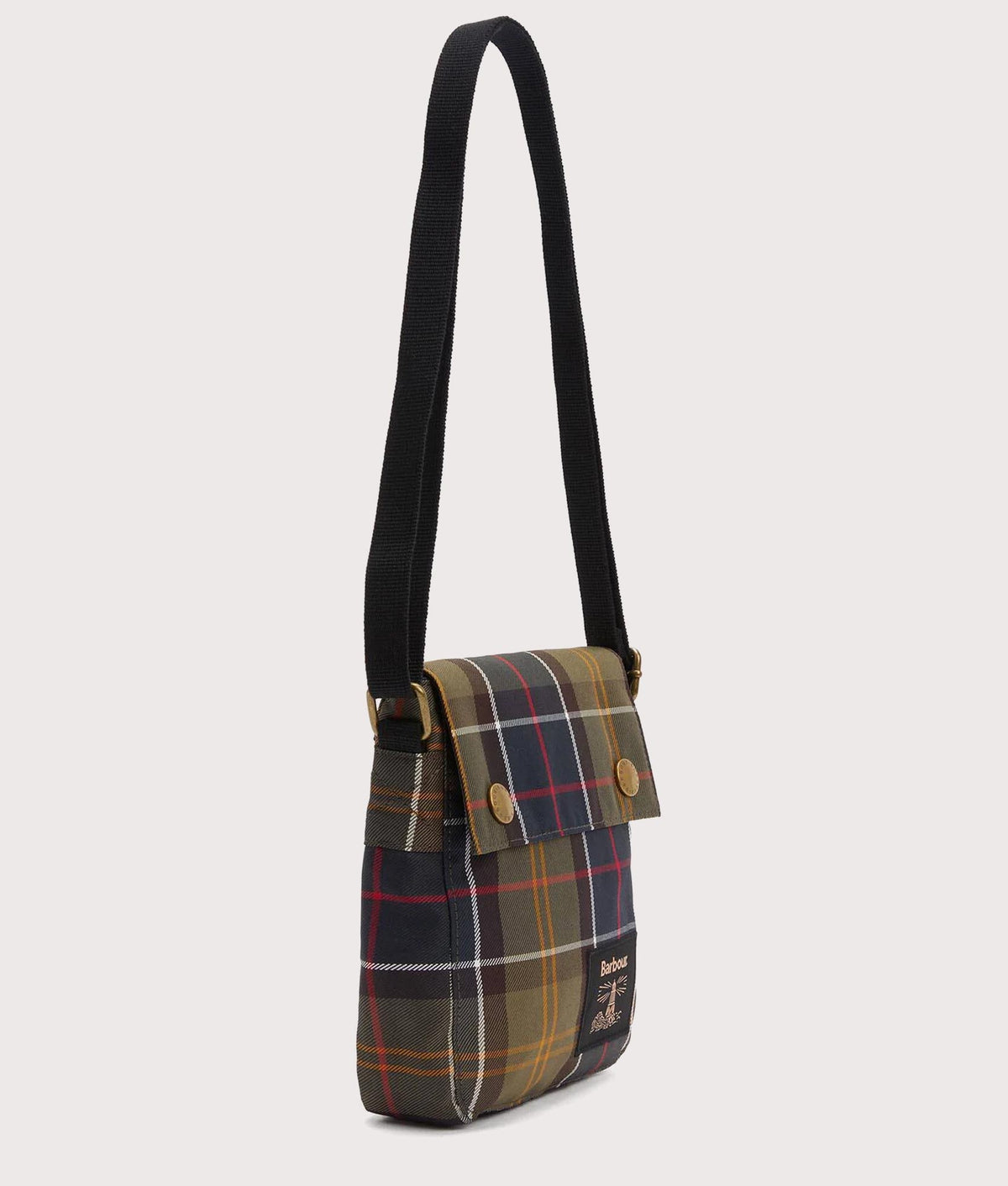Barbour lifestyle Torridon Tartan Flight Crossbody Bag in Classic Tartan at EQVVS Menswear. Angled front shot.