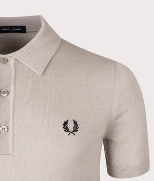 Fred Perry Classic Knitted Polo Shirt Detail Shot at EQVVS in Dark Oatmeal Beige 