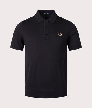Fred Perry Classic Knitted Polo Shirt in Black, 54% Merino Wool, 46% Cotton at EQVVS. Front Shot. 
