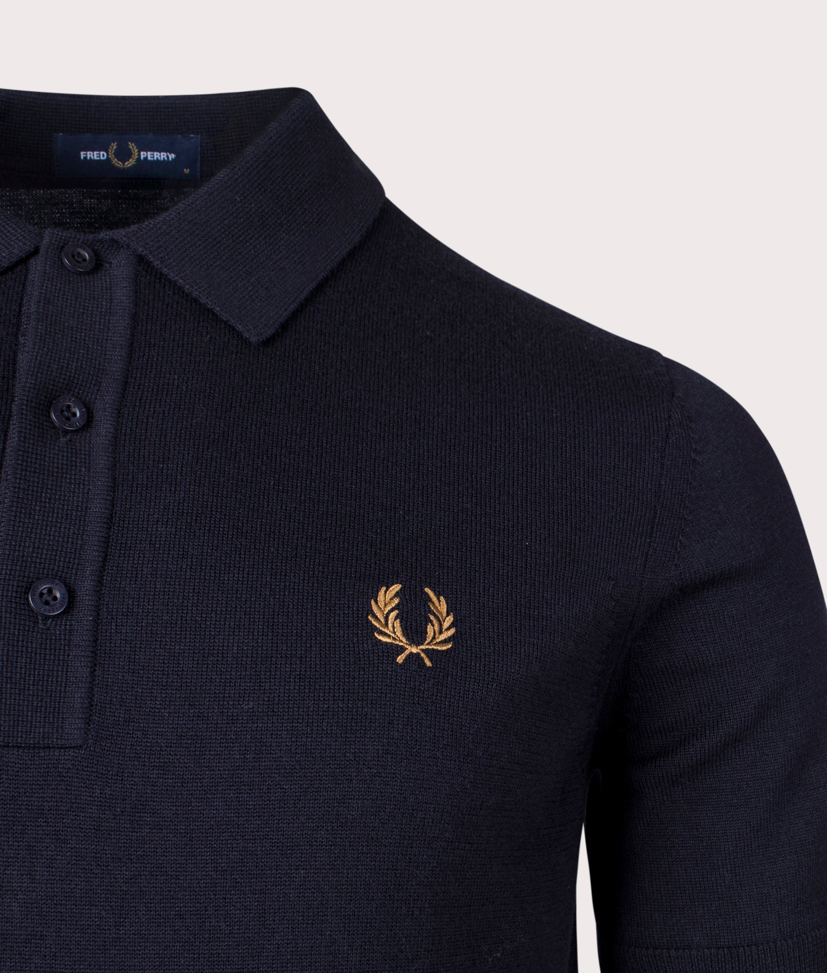 Classic Knitted Polo Shirt in Navy | Fred Perry | EQVVS  logo shot