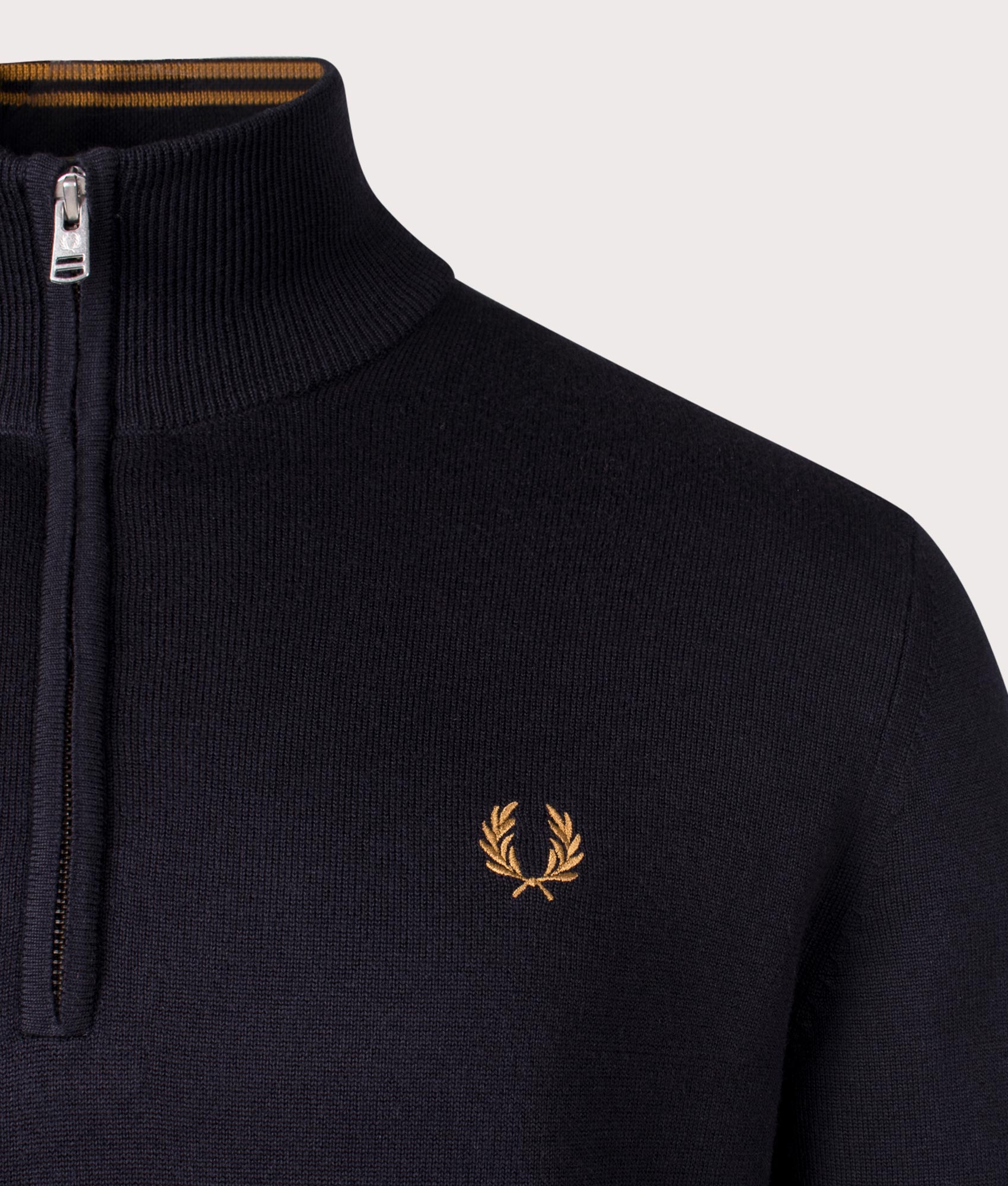 Classic Quarter Zip Jumper in Navy by Fred Perry. EQVVS Menswear Detail shot. 