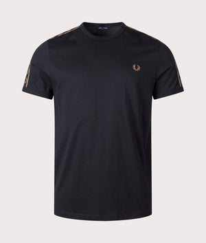 Contrast Tape Ringer T-Shirt in Black Warm Stone by Fred Perry. EQVVS Front Angle Shot.