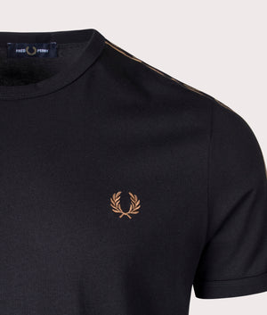 Contrast Tape Ringer T-Shirt in Black Warm Stone by Fred Perry. EQVVS Detail Shot.