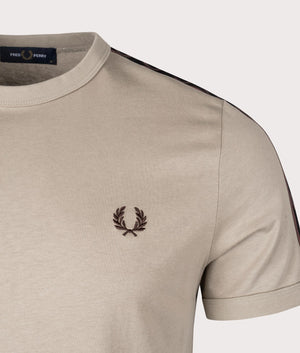 Contrast Tape Ringer T-Shirt in Warm Grey Brick by Fred Perry. EQVVS Detail Shot.