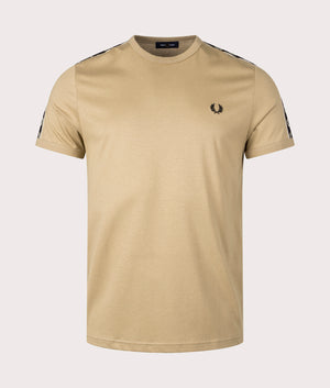 Contrast Tape Ringer T-Shirt in Warm Stone Oatmeal by Fred Perry. EQVVS Front Angle Shot.