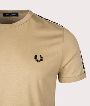 Contrast Tape Ringer T-Shirt in Warm Stone Oatmeal by Fred Perry. EQVVS Detail Shot.