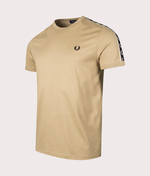 Contrast Tape Ringer T-Shirt in Warm Stone Oatmeal by Fred Perry. EQVVS Side Angle Shot.