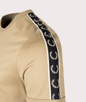 Contrast Tape Ringer T-Shirt in Warm Stone Oatmeal by Fred Perry. EQVVS Detail Shot.