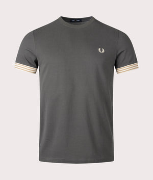 Fred Perry Striped Cuff T-Shirt Field Green Front Shot at EQVVS