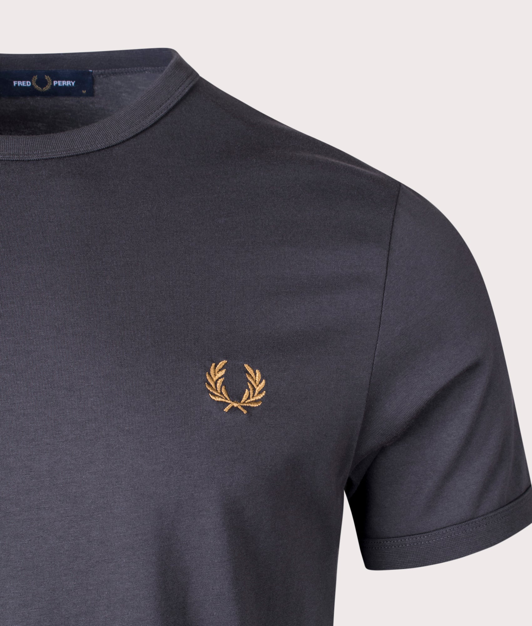 Fred Perry Ringer T-Shirts Anchor Grey/Dark Caramel detail Shot EQVVS