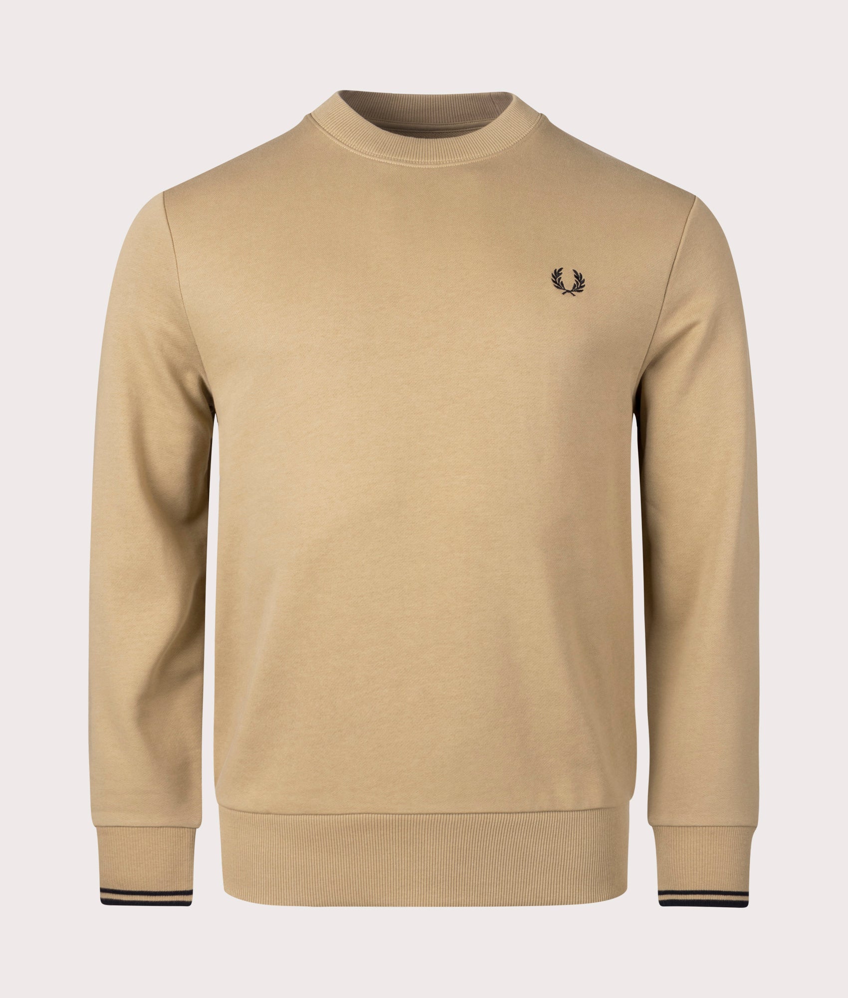 Crew Neck Sweatshirt in Warm Stone/Black | Fred Perry | EQVVS front shot