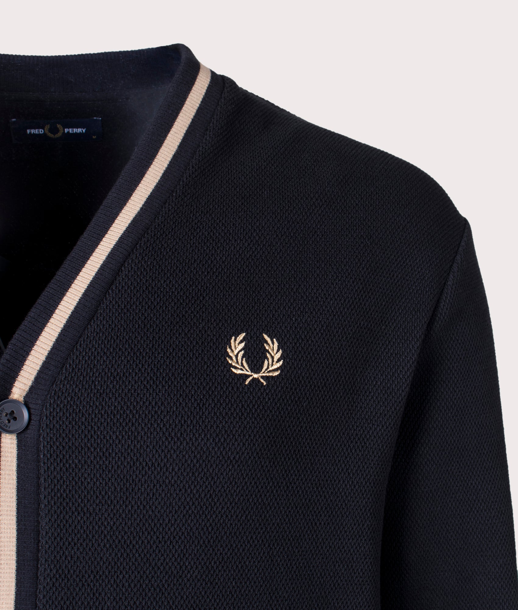 Fred Perry Tipped Pique Texture Cardigan Black & Warm Stone Detail Shot at EQVVS