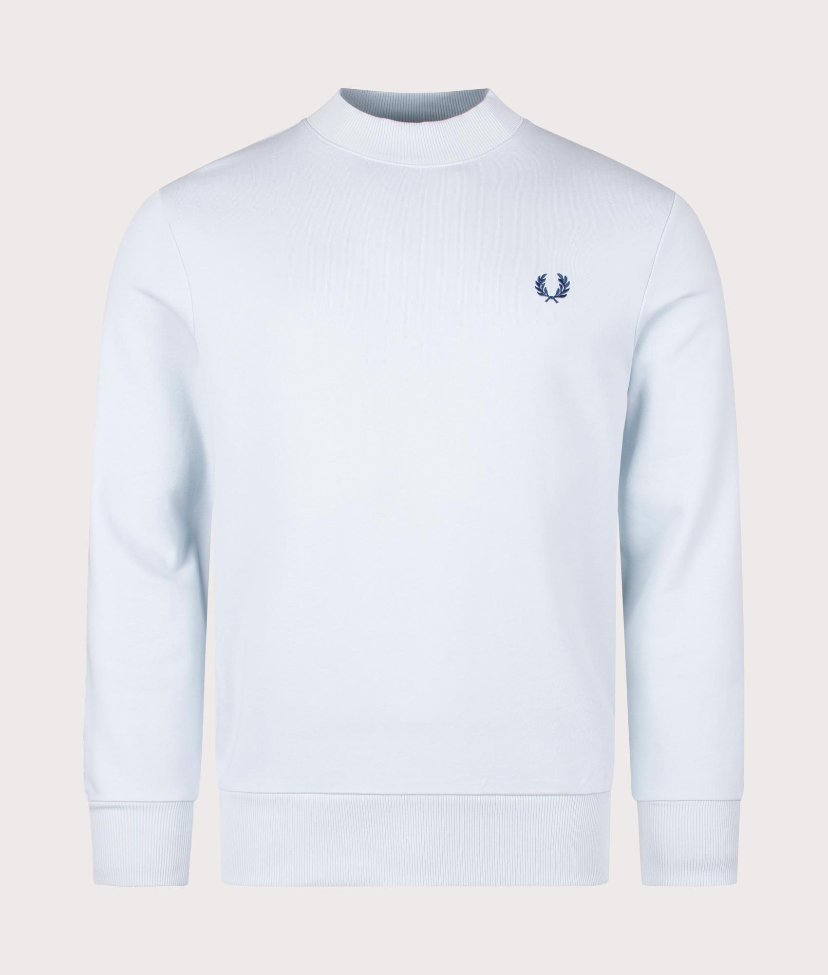 Fred Perry Laurel Wreath Graphic High Neck Sweatshirt in Light Ice with large logo detailing. Front angle shot at EQVVS.