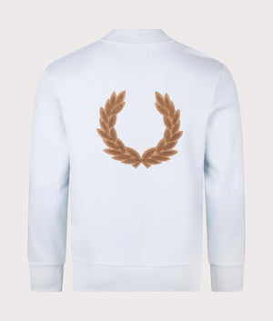 Fred Perry Laurel Wreath Graphic High Neck Sweatshirt in Light Ice with large logo detailing. Back angle shot at EQVVS.