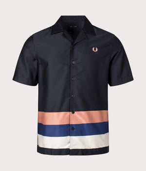 Bold Stripe Revere Collar Shirt in Black by Fred Perry. EQVVS Front Angle Shot.