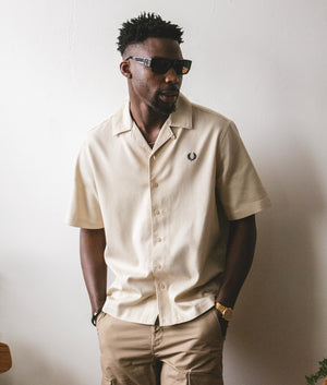 Pique Texture Revere Collar Shirt in Oatmeal | Fred Perry | EQVVS Campaign shot