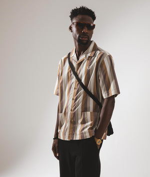 Fred Perry Ombre Stripe Revere Collar Short Sleeve Shirt in Dark Caramel Campaign Shot at EQVVS