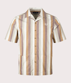 Fred Perry Ombre Stripe Revere Collar Short Sleeve Shirt in Dark Caramel Front Shot at EQVVS