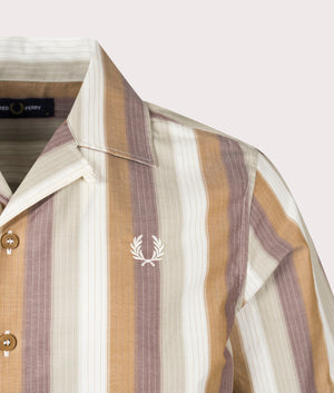 Fred Perry Ombre Stripe Revere Collar Short Sleeve Shirt in Dark Caramel Detail Shot at EQVVS