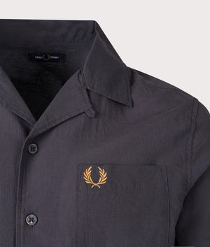 Lightweight Texture Revere Collar Shirt in Anchor Grey. EQVVS Detail Shot.