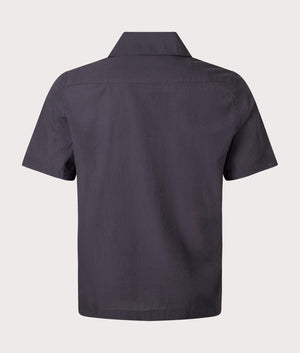 Lightweight Texture Revere Collar Shirt in Anchor Grey. EQVVS Back Angle Shot.
